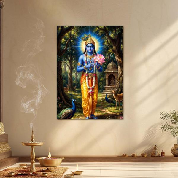 Shri Krishna Van Vihar: The Lotus-Bearer of Divine Harmony | Celestial Forest Metal Poster