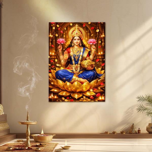 Mahalakshmi Kamalāsana: Eternal Goddess of Wealth & Abundance | Divine Metal Poster