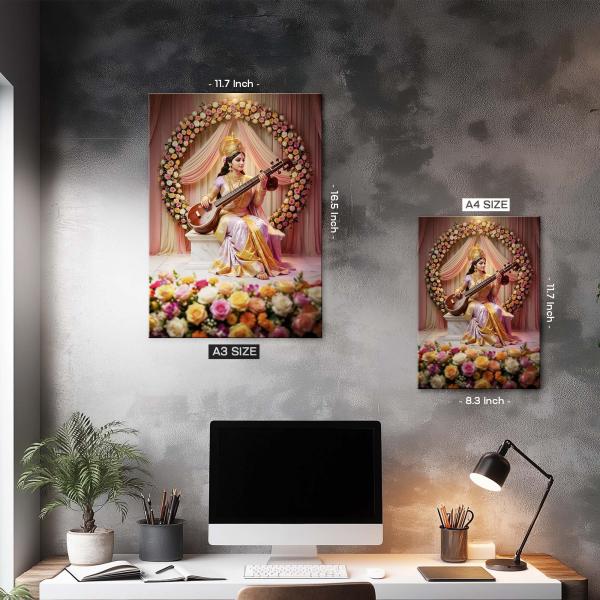 Saraswati Pushpa Sangeet: Goddess of Wisdom & Divine Melody Metal Poster
